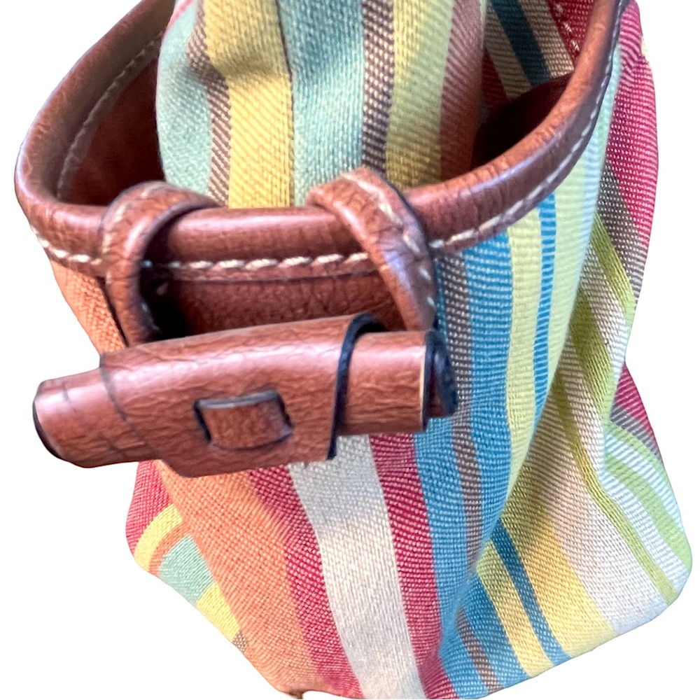 Fossil Vintage Striped Canvas Satchel Braided Leather Circle Handles Boho Bag - Picture 4 of 10